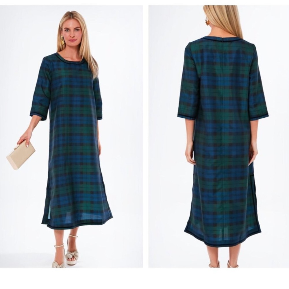 Tuckernuck | NEW Jamie Velvet Trimmed Plaid Blackwatch Midi Dress Size XS